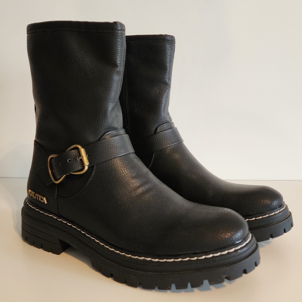 Nautica Womens Black Faux Leather‎ Side Zip Moto Boots 8.5